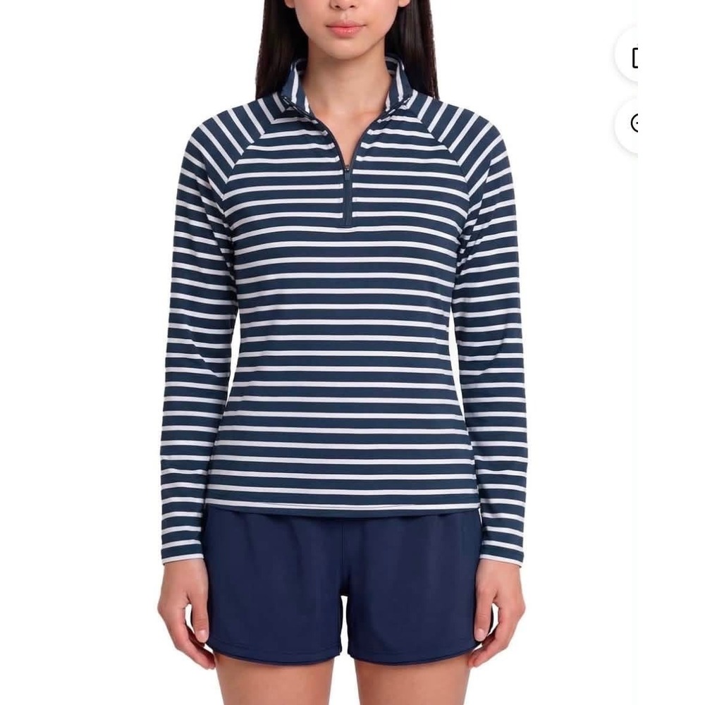 Lands End Womens Quarter Zip UV Tee Navy‎ White Stripe UPF 50 Rash Guard L 14-16